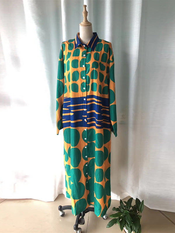 Buttoned Printed Long Sleeves Loose Lapel Shirt Dress Maxi Dresses