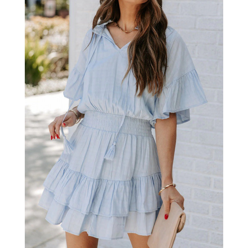 V-neck Ruffled Solid Color Dress