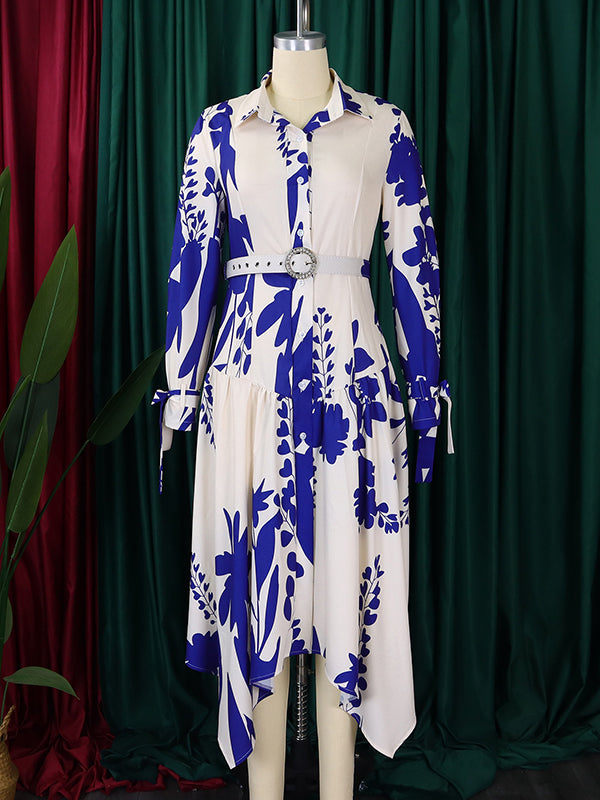 Lace-Up Pleated Printed Split-Joint Tied Waist Irregular clipping Long Sleeves Lapel Shirt Dress Maxi Dresses