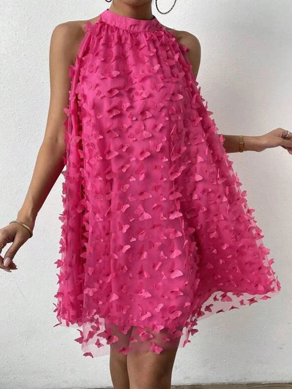 Jacquard Pleated Solid Color Split-Joint Loose Sleeveless Stand Collar Mini Dresses