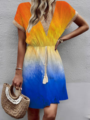 Elasticity Gradient Hollow Split-Joint Tasseled Tied Waist A-line Loose V-neck Mini Dresses