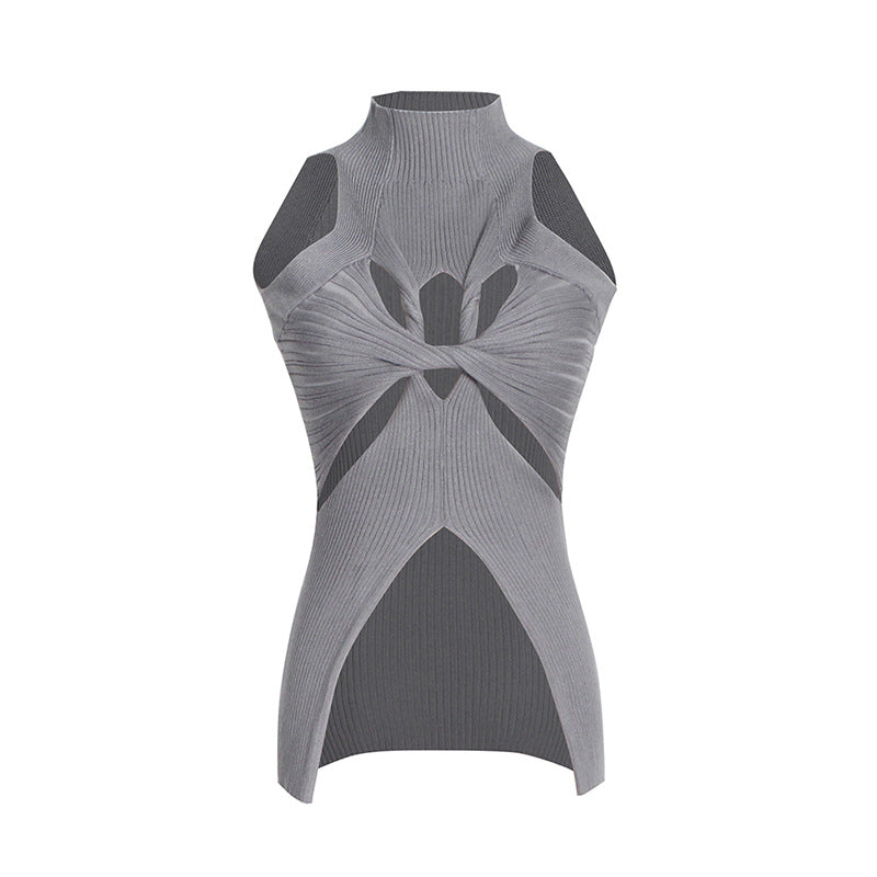 Irregular Stand Collar Cut Out Knit Top