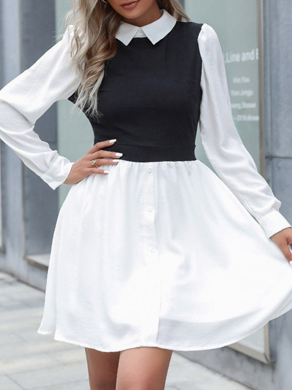 Buttoned Hollow Split-Joint A-Line High Waisted Lapel Mini Dresses