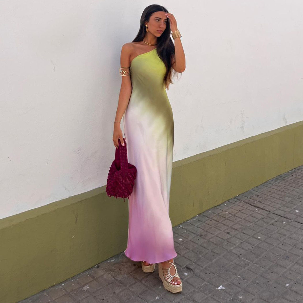 One Shoulder Ombre Printed Dress