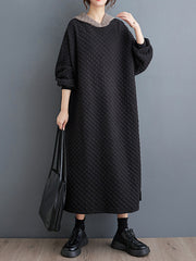 Hooded Quilted Split-Side A-Line Long Sleeves Midi Dresses
