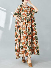 Pleated Printed Split-Joint Half Sleeves Loose Round-Neck Midi Dresses