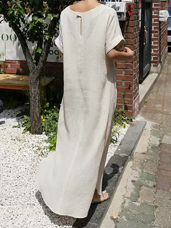Hollow Solid Color Split-Side Tied Waist A-Line Loose V-Neck Midi Dresses