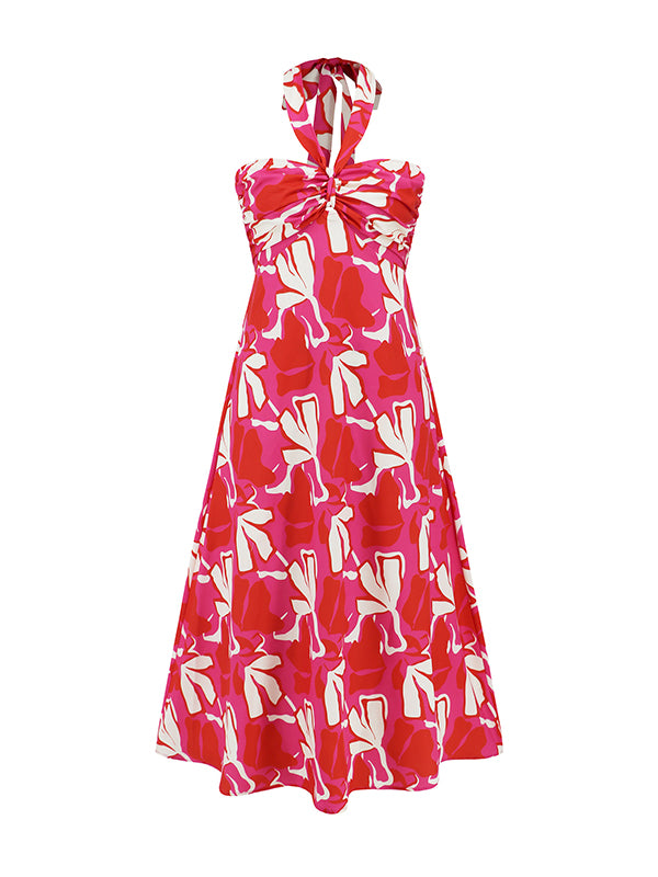 Hollow Printed Split-Joint A-line Loose Halter-Neck Midi Dresses