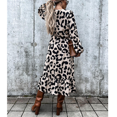 V-neck Leopard Printed Long Sleeve Slit Dress