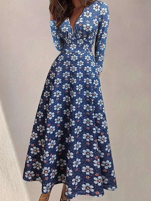Flower Print Split-Joint A-Line Long Sleeves Deep V-Neck Maxi Dresses
