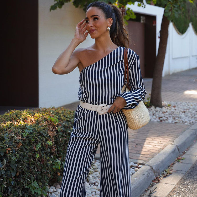 Oblique Shoulder Casual Striped Printed Shirt and Pants Set
