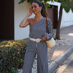 Oblique Shoulder Casual Striped Printed Shirt and Pants Set