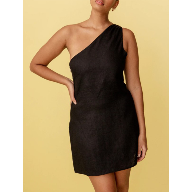One Shoulder Cotton Linen Mini Dress