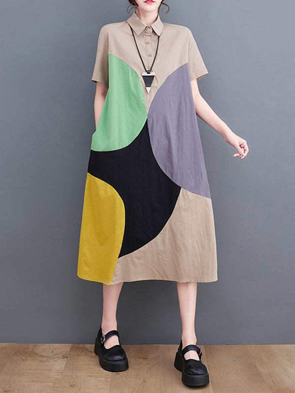 Color-Block Contrast Color Split-Joint Loose Oversize Lapel Shirt Dress Midi Dresses