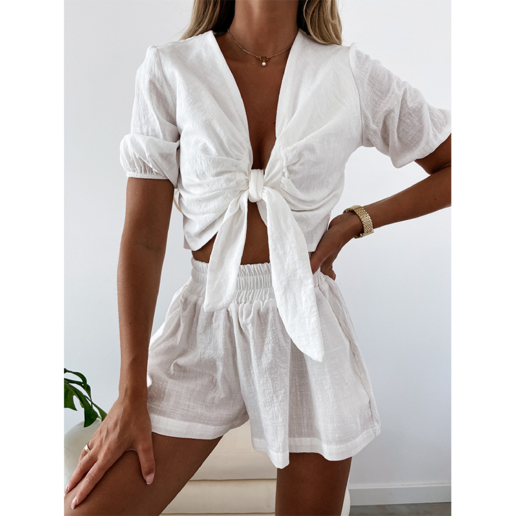 Casual Solid Color Bowknot Two Piece Set