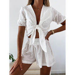 Casual Solid Color Bowknot Two Piece Set