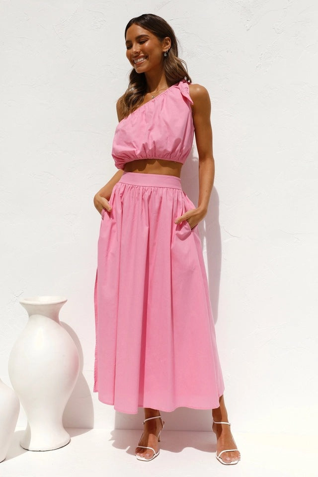Solid Color One Shoulder Top and Skirt