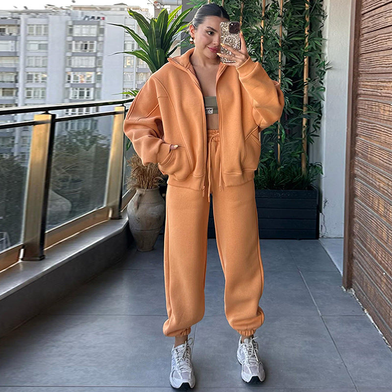 Velvet Stand Collar Long-sleeved  Hoodie Two Piece Set