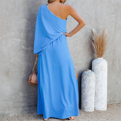One Shoulder  Solid Color Maxi Dress