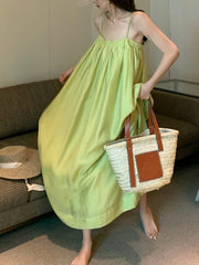 Pleated Solid Color Loose Sleeveless Spaghetti-Neck Slip Dress Midi Dresses