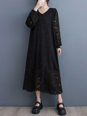 Jacquard Bishop Sleeve Long Sleeves V-Neck Midi Dresses