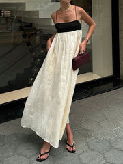 Contrast Color Pleated Split-Joint A-Line Loose Spaghetti-Neck Maxi Dresses