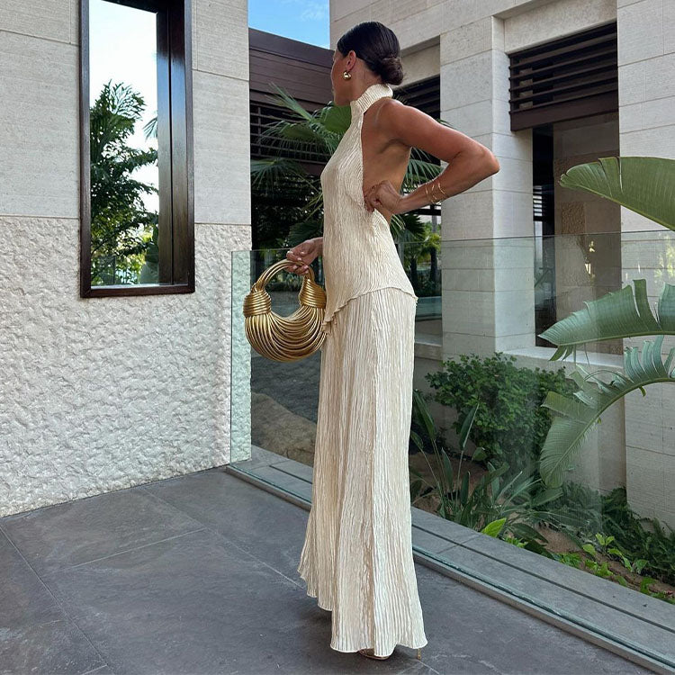 Halter Backless Solid Color Cami and Pants Set