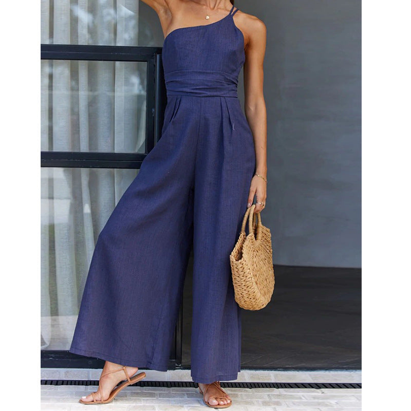 Fashion One Shoulder Solid Color  High Waist  Jumpsuit