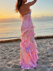 Flower Printed Gradient Sleevless Spaghetti-Neck Maxi Dresses