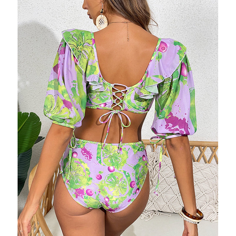 Removable Sleeves Printed One Piece Swimsuit and Skirt Flaxmaker