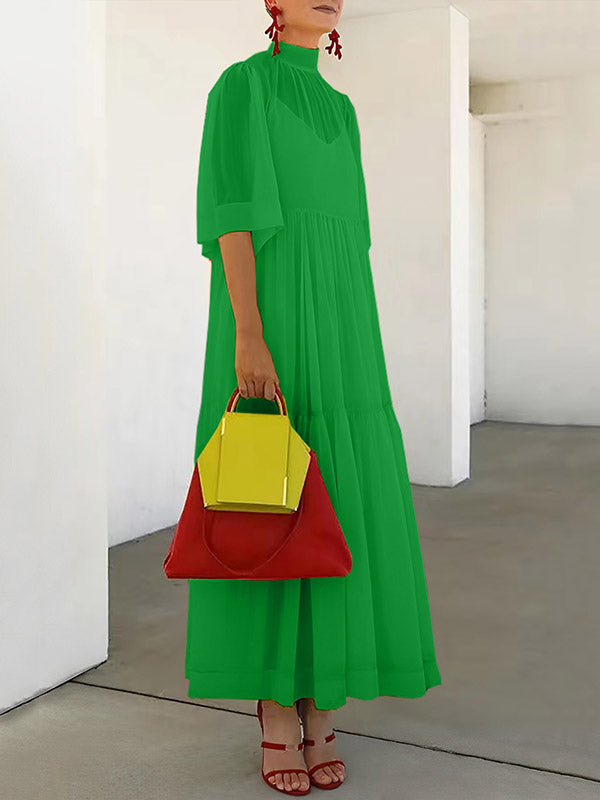 Solid Color Loose Plus Size Split-Joint Inner Dress + Mock Neck Mesh Pleated Outer Dress Two Pieces Set