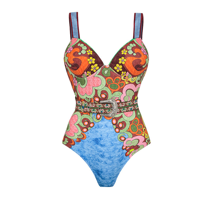Sling Color Blcok Printed One Piece Swimsuit and Skirt(Shipped on Jan 11th)
