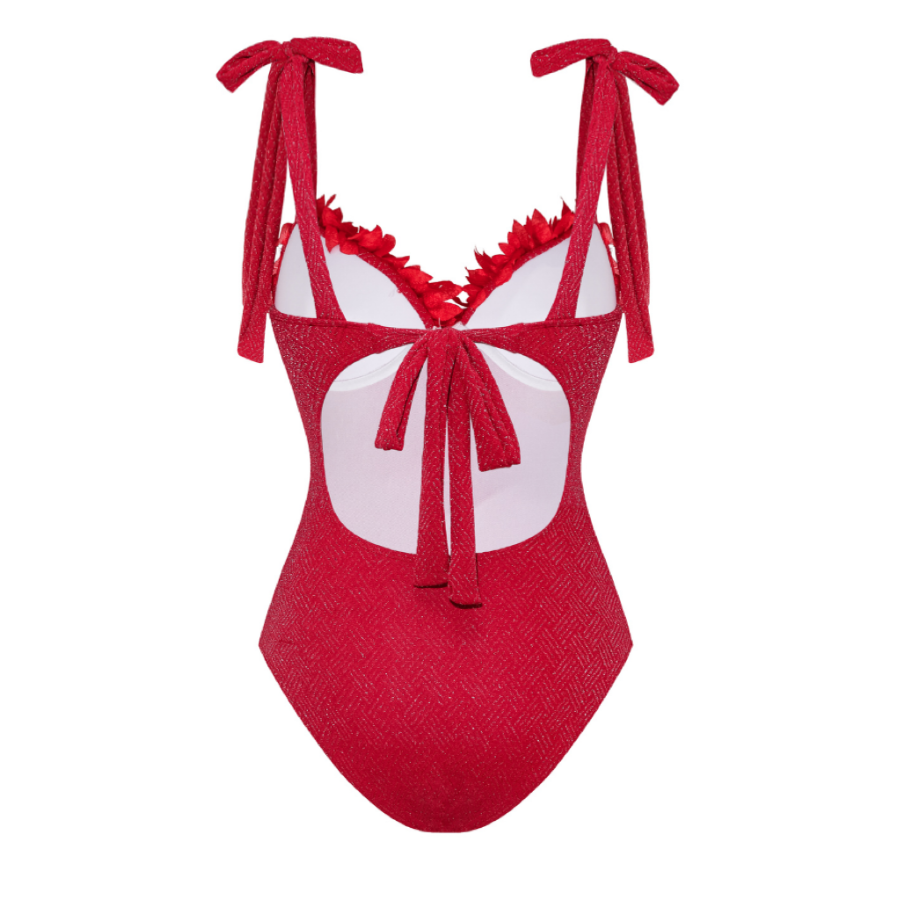 Pure Red Color 3D Flower Texture Fabric One Piece Swimsuit and Skirt (Shipped on Jan 14th)