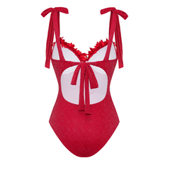 Pure Red Color 3D Flower Texture Fabric One Piece Swimsuit and Skirt (Shipped on Jan 14th)