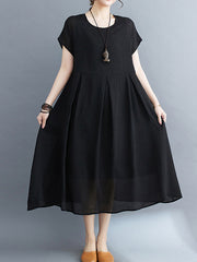 Solid Color Split-Joint Loose Short Sleeves Round-neck Midi Dresses