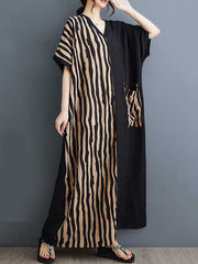 Contrast Color Pockets Split-Joint Striped A-Line Batwing Sleeves V-Neck Maxi Dresses