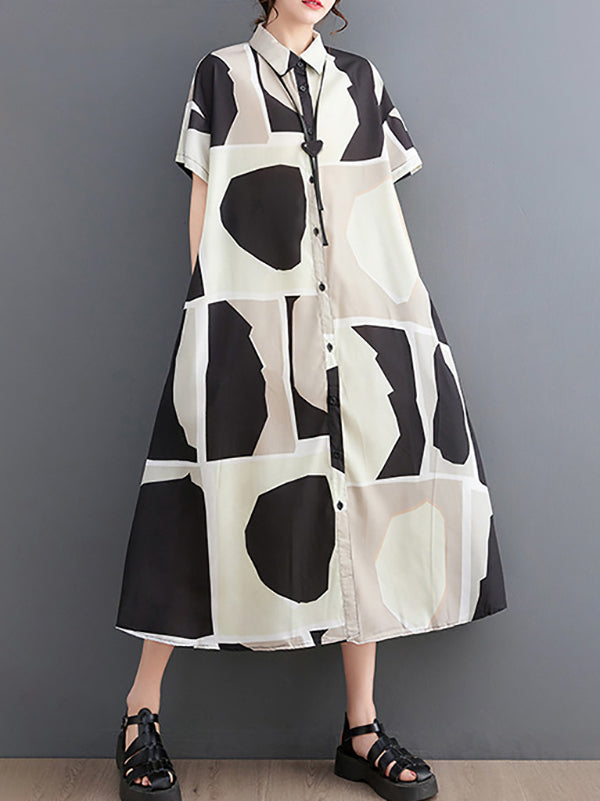 Color-Block Printed Loose Oversize Lapel Shirt Dress Midi Dresses
