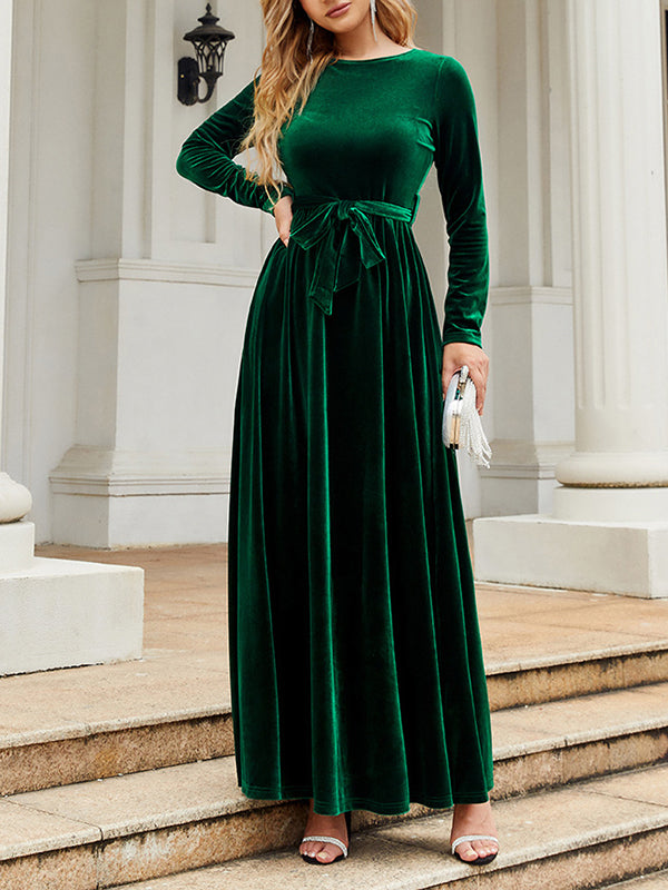 Belted Pleated Solid Color Zipper Long Sleeves Wrap Round-Neck Maxi Dresses