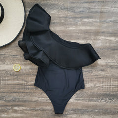 One Shoulder Ruffle Solid Black One Piece Swimsuit