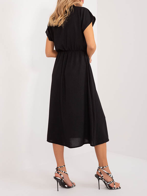 Buttoned Pleated Solid Color A-Line High Waisted Lapel Midi Dresses