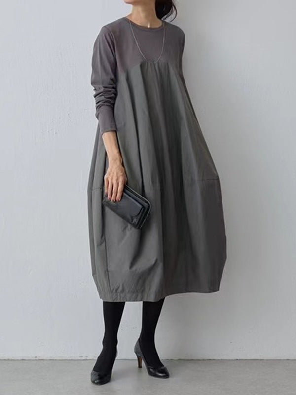 Split-Joint Long Sleeves Loose Round-Neck Midi Dresses