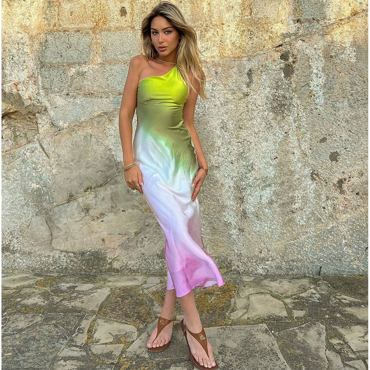 One Shoulder Ombre Printed Dress