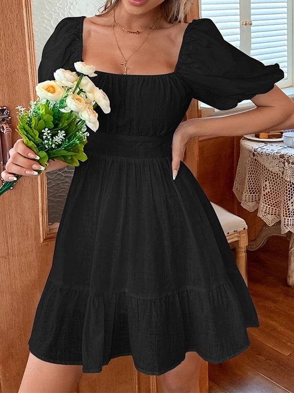 Backless Bowknot Elasticity Pleated Solid Color Split-Joint High Waisted Loose Square-neck Mini Dresses