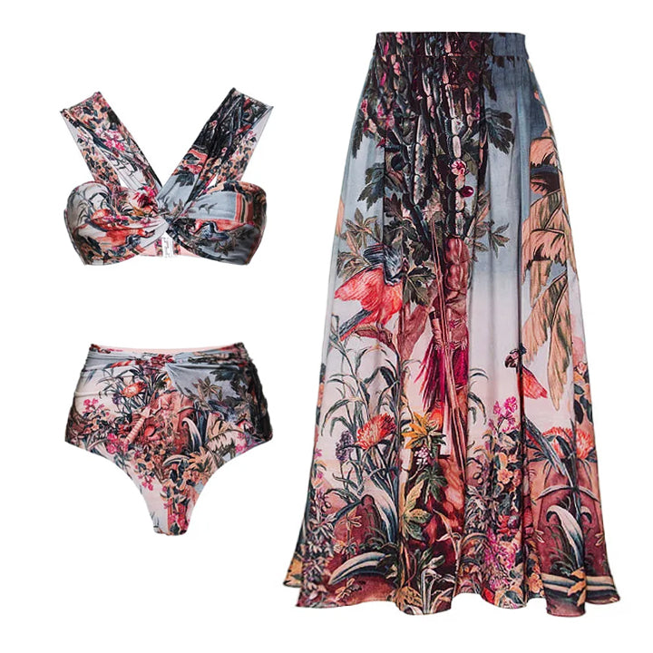 Flaxmaker Off Shoulder Paraiso Printed Bikini Swimsuit and Beach Skirt