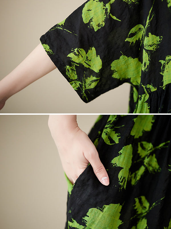 Floral Pleated Loose Round-neck Midi Dresses