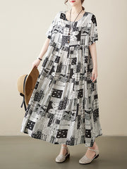 Printed A-line Loose Round-neck Midi Dresses