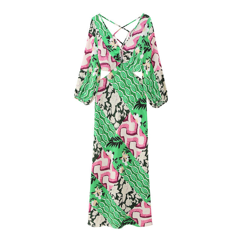 Cross  Backless Graphic Printed Dress