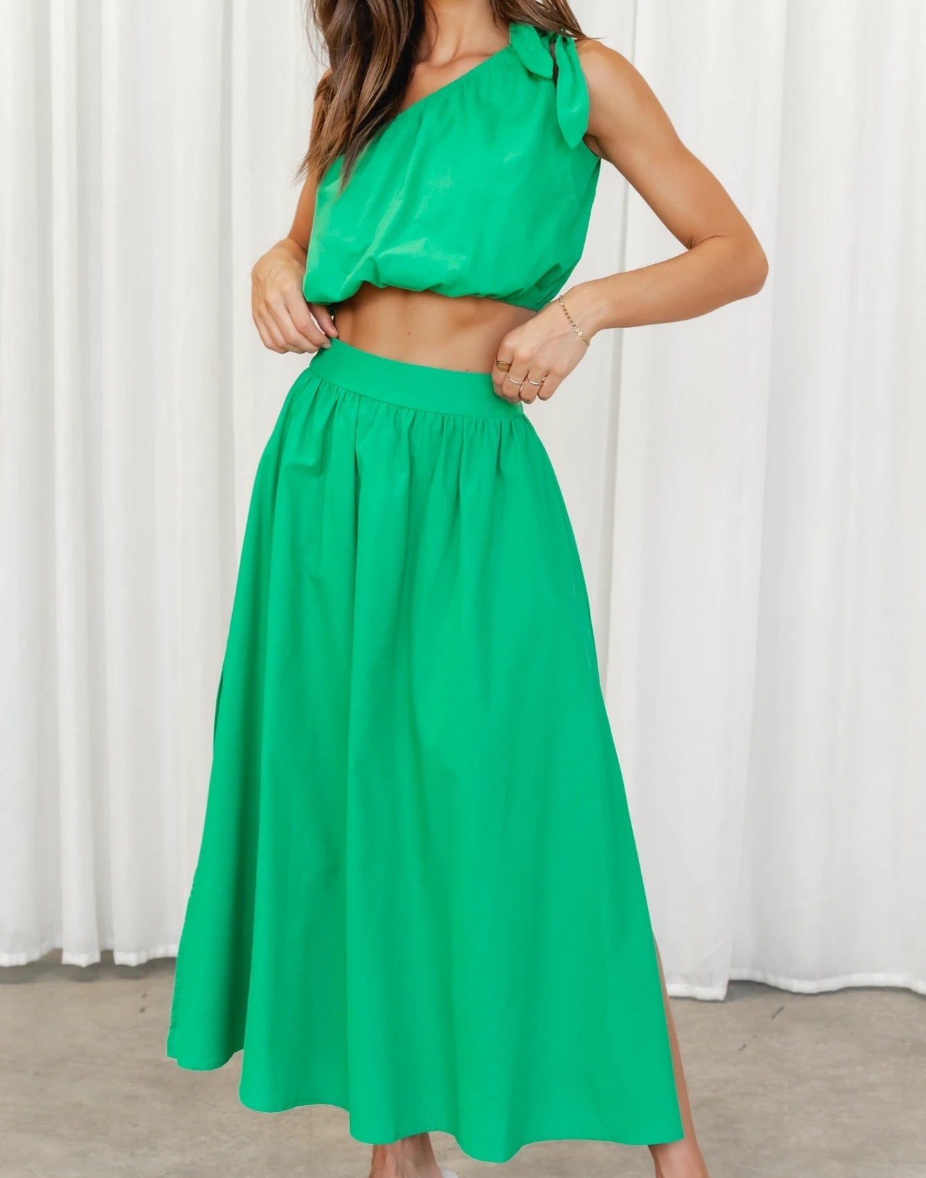 Solid Color One Shoulder Top and Skirt