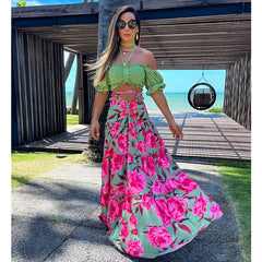 Halter Lace up Printed Top and skirt set