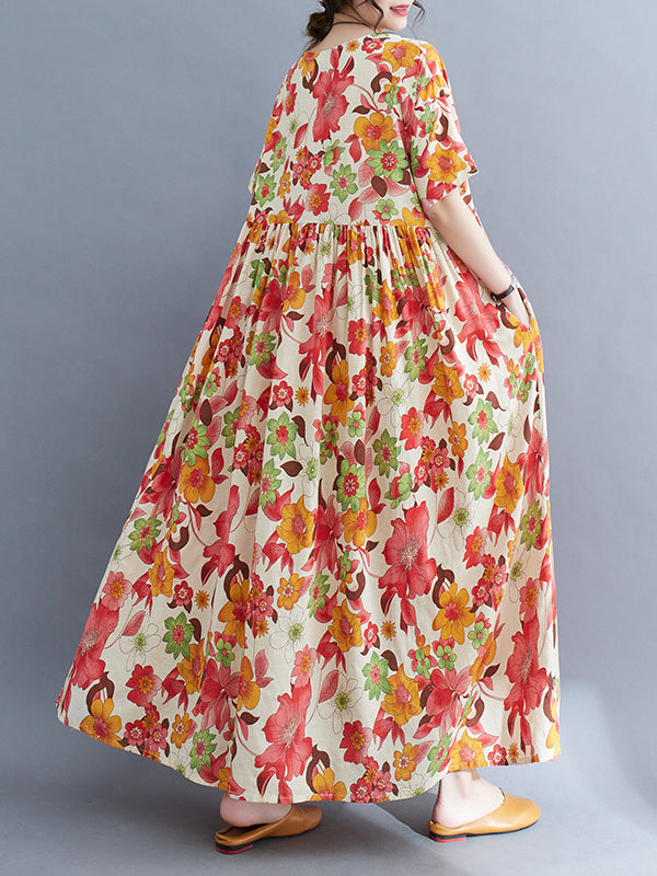 Pleated Printed Split-Joint Loose Short Sleeves Round-Neck Midi Dresses
